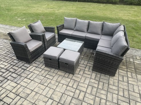 Fimous 10 Seat Rattan Garden Furniture Corner Sofa Set Outdoor Patio Sofa Table Set with 2 Small Footstools 2 Armchairs Dark Grey Mixed