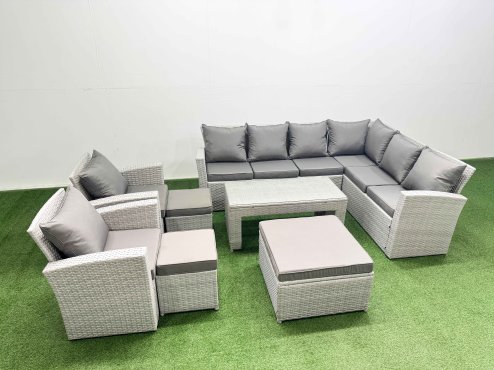 Fimous Rattan Garden Furniture Set 8 Pieces Outdoor Garden Sofa Oblong Coffee Table Set with 2 Chairs 3 Footstools Light Grey Mixed