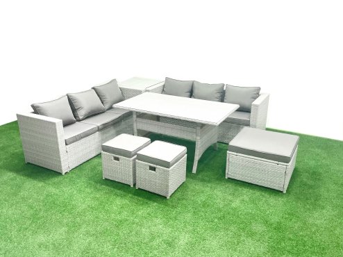 Fimous Rattan Garden Furniture Set 9 Seater Outdoor Sofa Set with Dining Table Side Table 3 Footstools Light Grey Mixed