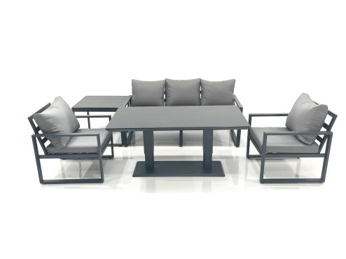 Fimous Outdoor Aluminium Garden Furniture Set with Adjustable Rising Lifting Dining Table 3 Seater Sofa 2 Chair Side Table Dark Grey