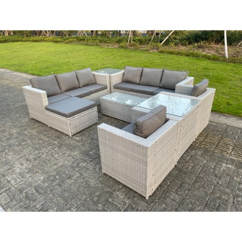 Fimous Light Grey Outdoor PE Rattan Garden Furniture Set Wicker Sofa Set Rectanguar Coffee Table 2 Armchair 2 Side Table 9 Seat