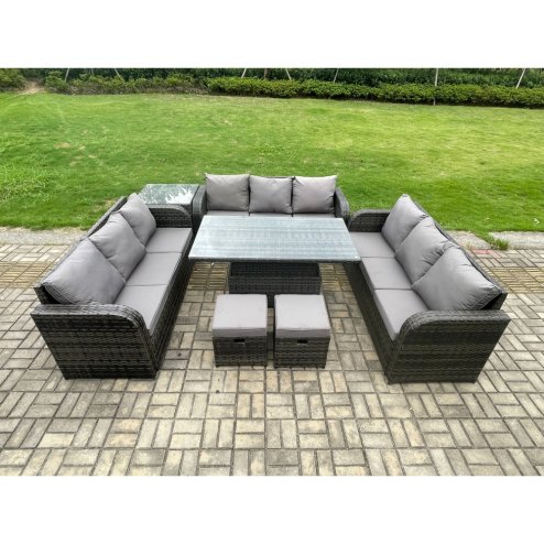 Fimous Patio Garden Dining Set Outdoor Rattan Furniture Lounge Sofa Height Adjustable Rising lifting Table With Side Table 2 Small Footstools Dark Grey Mixed