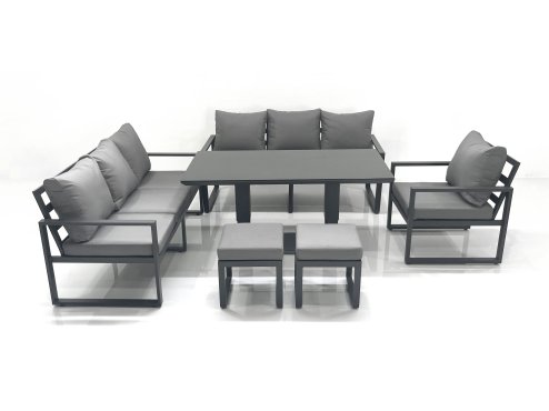 Fimous Outdoor Garden Furniture Set Aluminium Lounge Sofa Adjustable Rising Lifting Dining Table Sets with 2 Small Footstools Dark Grey