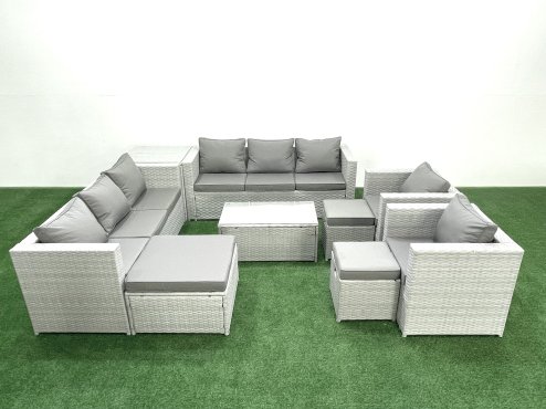 Fimous Outdoor Rattan Sofa Garden Furniture Set with 2 Armchairs Oblong Coffee Table 3 Footstools Side Table Light Grey Mixed