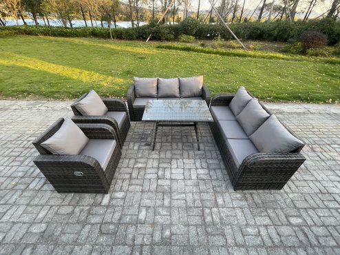 Fimous 8 Seater Rattan Outdoor Garden Furniture Sofa Set Patio Table & Chairs Set with 3 Seater Sofa Rectangular Dining Table Dark Grey Mixed
