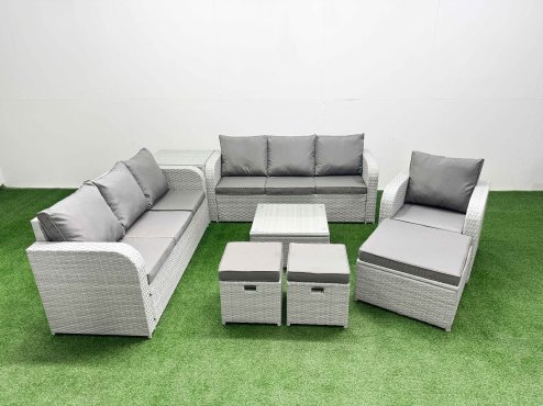 Fimous 10 Seater Poly Rattan Outdoor Garden Furniture Square Coffee Table Sofa Set Patio 3 Seater Sofa Reclining Chair 3 Seater Sofa 3 Stools Side Table Light Grey