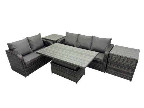 Fimous Rattan Garden Furniture Dining Set 5-seater Patio Height Adjustable Rising Lifting Table Sofa Set with 2 Side Table Dark Grey Mixed
