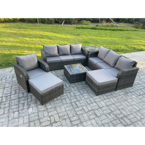 Fimous 9 Seater Outdoor Rattan Garden Furniture Set Conservatory Patio Sofa Coffee Table With Reclining Chair 2 Big Footstool Side Table Dark Grey Mixed