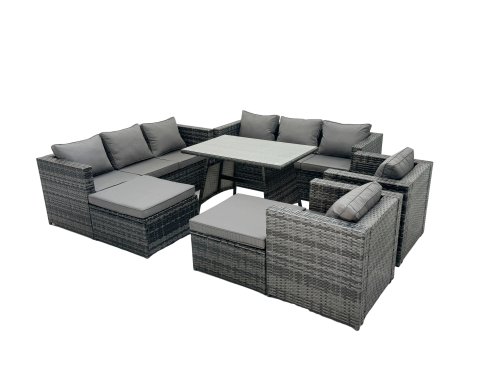 Fimous Rattan Dining Table Sofa Set with Armchair 2 Big Footstools Outdoor 10 Seat Garden Furniture Set Dark Grey Mixed