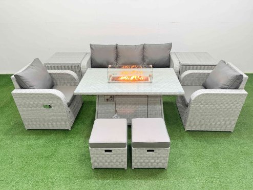 Fimous PE Rattan Garden Furniture Set Reclining Chair Sofa Lounge Sofa Set Firepit Dining Table 2 Side Table 2 Small Stools Light Grey