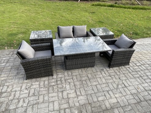 Fimous Outdoor Garden Dining Sets 4 Seater Rattan Patio Furniture Sofa Set with Rising Lifting Table 2 Side Tables Dark Grey Mixed