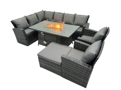 Fimous Poly Rattan Outdoor Patio Gas Firpit Dining Table Corner Sofa Set with Big Stool 2 Chairs for Garden Backyard Dark Grey Mixed