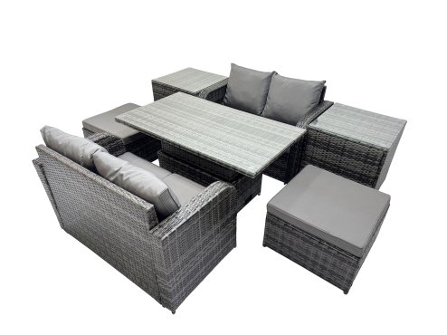 Fimous 6-seater Patio Height Adjustable Rising Lifting Table Sofa Sets Rattan Garden Furniture Dining Set with 2 Big Stools 2 Side Tables Dark Grey Mixed