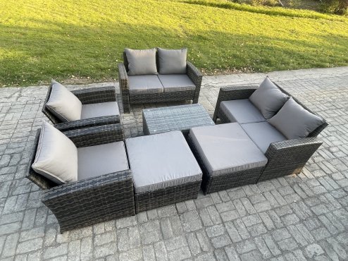 Fimous Outdoor Rattan Garden Furniture Set 8 Seater Patio Lounge Sofa Set with Coffee Table 2 Big Footstool Dark Grey Mixed