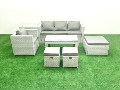 Fimous Rattan Garden Furniture Set Outdoor Lounger Sofa with Coffee Table 3 Footstools Side Table Light Grey Mixed