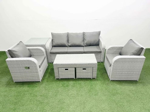 Fimous PE Rattan Garden Furniture Set Reclining Chair Sofa Lounge Sofa Set Rectangular Coffee Table Side Table 2 Small Stools Light Grey