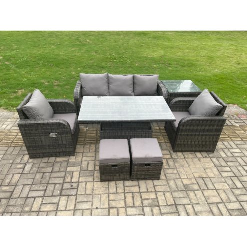 Fimous Wicker PE Rattan Outdoor Garden Furniture Set Height Adjustable Rising lifting Dining Table With Armchair Side Table 2 Small Footstools