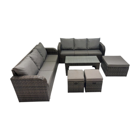 Fimous Rattan Garden Outdoor Furniture Set 3 Seater Sofa Coffee Table with 3 Footstools Dark Grey Mixed