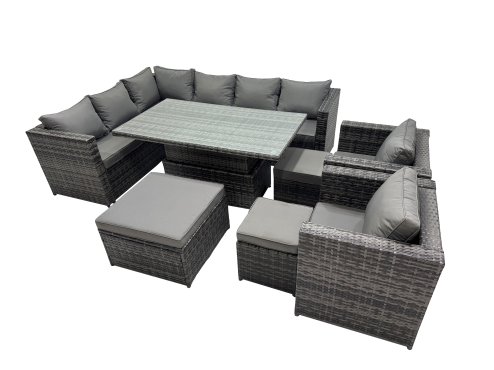 Fimous 11-seater Height Adjustable Rising Lifting Table Corner Sofa Set Rattan Garden Furniture Dining Set with 3 Stool Dark Grey Mixed