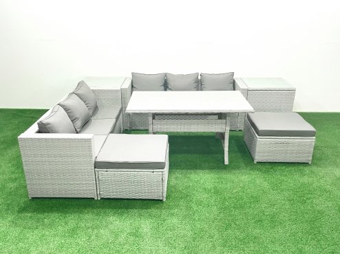 Fimous Rattan Garden Furniture Set 8 Seater Outdoor Sofa Set with Dining Table 2 Side Tables 2 Big Footstools Light Grey Mixed