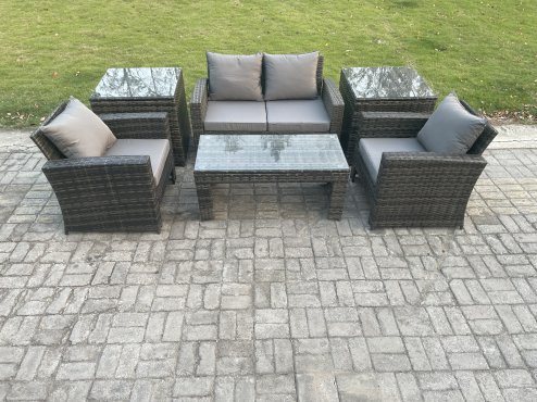 Fimous 4 Seater Outdoor Rattan Garden Furniture Set Patio Lounge Sofa Set with Coffee Table 2 Side Tables Dark Grey Mixed