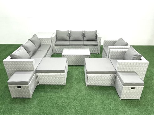 Fimous 10 Pieces Rattan Garden Furniture Set Outdoor Garden Sofa Chair Coffee Table Set with 4 Footstools Side Table Light Grey Mixed