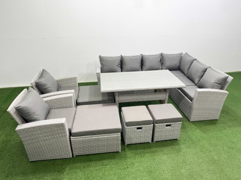 Fimous Rattan Garden Furniture Set Outdoor 12 Seater Patio Dining Corner Sofa Sets with Dining Table Chair 4 Footstools Light Grey Mixed