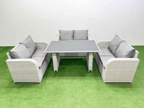 Fimous 6 Seater Patio Garden Furniture Sets with Black Glass Top Dining Table Love Sofa Light Grey