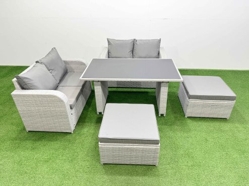 Fimous 5 Pieces Outdoor PE Rattan Sofa Set Patio Garden Furniture Sets with Cushions 2 Big Stools Light Grey