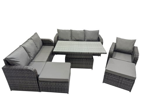 Fimous Rattan Garden Furniture Dining Set 9-seater Patio Height Adjustable Rising Lifting Table Sofa Set with 2 Big Footstool Dark Grey Mixed