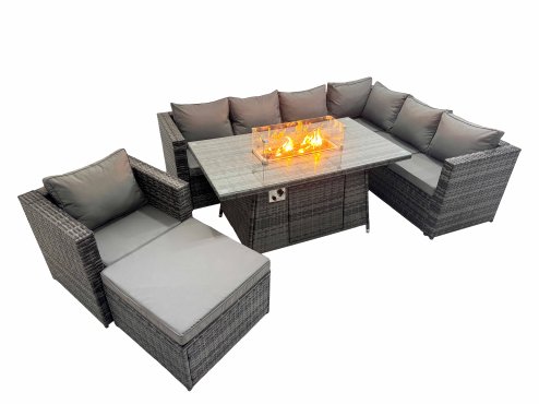 Fimous Garden Rattan Furniture Set 8 Seater Outdoor Corner Sofa Chair Gas Firepit Dining Table Set with Big Stool Dark Grey