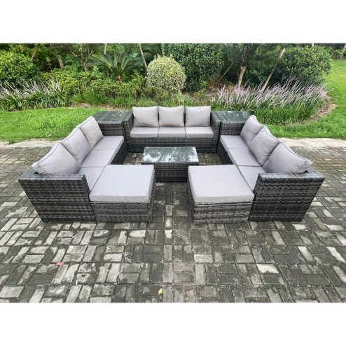 Fimous Outdoor Lounge Sofa Set Wicker PE Rattan Garden Furniture Set with Oblong Coffee Table 2 Side Tables 2 Big Footstool 11Seater Dark Grey Mixed