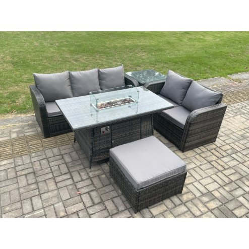 Fimous PE Wicker Outdoor Rattan Garden Furniture Set Propane Gas Fire Pit Table and Sofa set with Side Table Big Footstool
