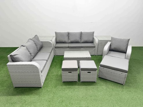 Fimous 10 Seater Poly Rattan Outdoor Garden Furniture Sofa Set Patio 3 Seater Sofa Reclining Chair 3 Seater Sofa 3 Stools 2 Side Table Light Grey