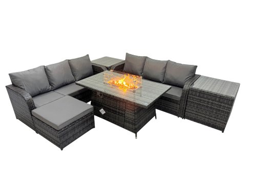 Fimous Garden Outdoor Rattan Furniture Set Rattan 3 Seater Sofa with Big Stool 2 Side Tables Dark Grey Mixed