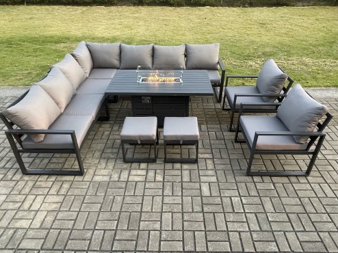 Fimous Aluminium 11 Seater Garden Furniture Outdoor Set Patio Lounge Sofa Gas Fire Pit Dining Table Set with 2 Chairs 2 Small Footstools Dark Grey
