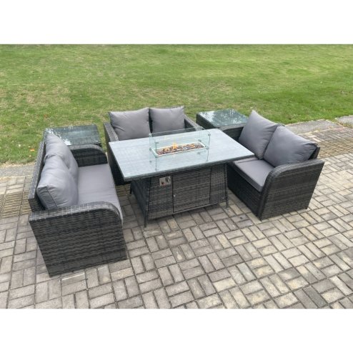 Fimous Rattan Outdoor Garden Furniture Sofa Set Gas Fire Pit Dining Table Gas Heater with 2 Side Tables Love Sofa Dark Grey Mixed