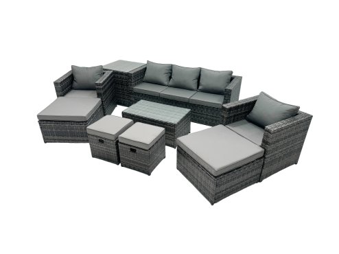 Fimous Outdoor Coffee Table Sofa Armchair Set with Side Table 2 Big Stools 2 Small Footstools Garden Furniture Set Dark Grey Mixed