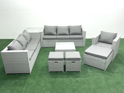 Fimous Wicker PE Rattan Sofa Garden Furniture Set with Armchair Square Coffee Table 3 Footstools Side Table Light Grey Mixed