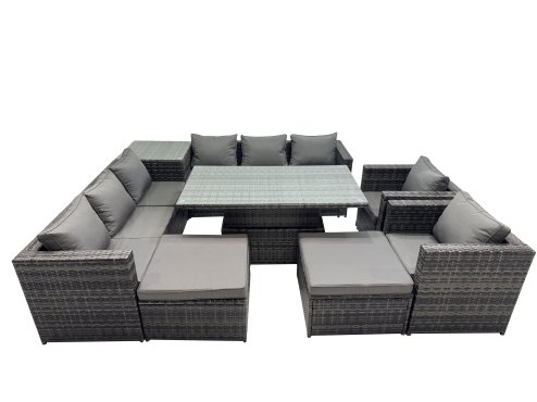 Fimous 10 Seater Outdoor Corner Sofa Height Adjustable Rising Lifting Table Set Garden Rattan Furniture Set with Side Table 2 Big Stool Dark Grey