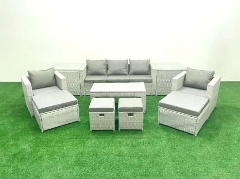 Fimous Rattan Garden Furniture Set Outdoor Lounger Sofa with Coffee Table 4 Footstools 2 Side Tables Light Grey Mixed 9 Seater
