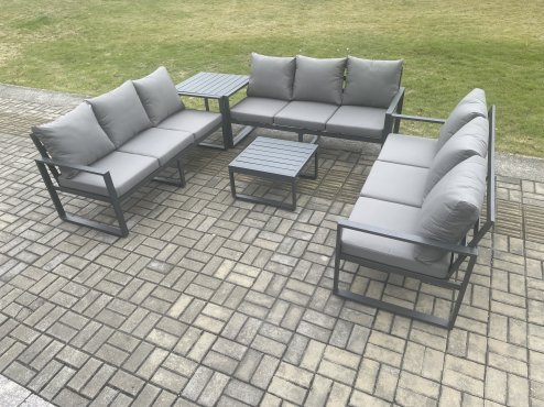 Fimous Aluminium 9 Seater Outdoor Garden Furniture Set Patio Lounge Sofa with Square Coffee Table Side Table Conservatory Set Dark Grey