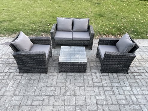 Fimous 4 PCS Outdoor Lounge Sofa Set Wicker PE Rattan Garden Furniture Set with Armchair Square Coffee Table Double Seat Sofa Dark Grey Mixed