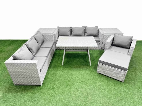 Fimous Outdoor Rattan Garden Furniture Dining Set 8-seater Patio Rectangular Table 3 Seater Sofa Armchair Set with 2 Side Tables Big Stool