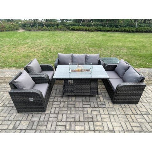 Fimous PE Wicker Outdoor Rattan Garden Furniture Set Propane Gas Fire Pit Table and Sofa Chair set with Side Table 7 Seater