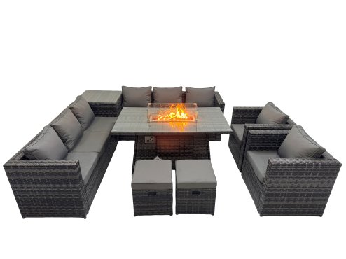 Fimous 10 Seater Garden Outdoor Rattan Furniture Set Patio Corner Sofa Gas Firepit Dining Table with Side Table 2 Small Stools Dark Grey