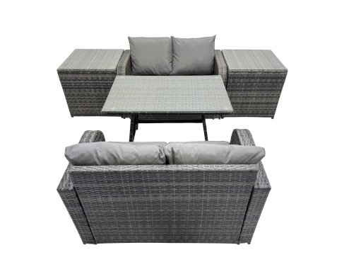 Fimous 4 Seater Garden Outdoor Rattan Furniture Set Rattan Sofa Oblong Dining Table with 2 Side Table Dark Grey