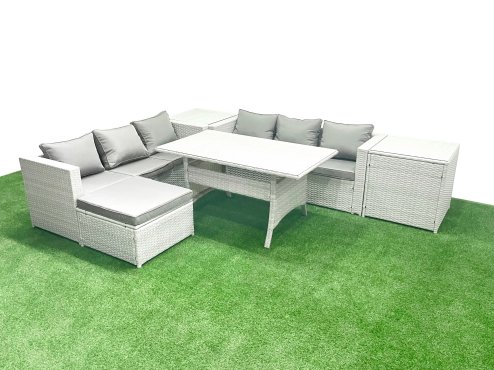 Fimous Rattan Garden Furniture Set 7 Seater Outdoor Sofa Set with Dining Table 2 Side Tables Big Footstool Light Grey Mixed
