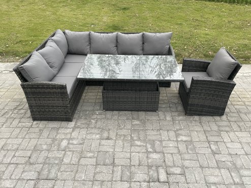 Fimous Wicker PE Outdoor Rattan Garden Furniture Set Height Adjustable Rising Lifting Table Sofa Dining Set with Armchair Dark Grey Mixed