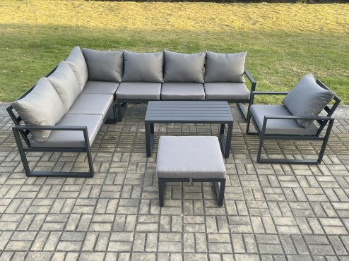 Fimous Aluminium Garden Furniture Set Outdoor Indoor Lounge Corner Sofa Chair Oblong Coffee Table Sets with Big Footstool Dark Grey